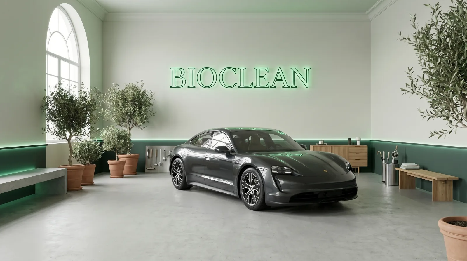 Atelier Bioclean — voiture premium dans le studio écru avec néon vert BIOCLEAN sur le mur du fond