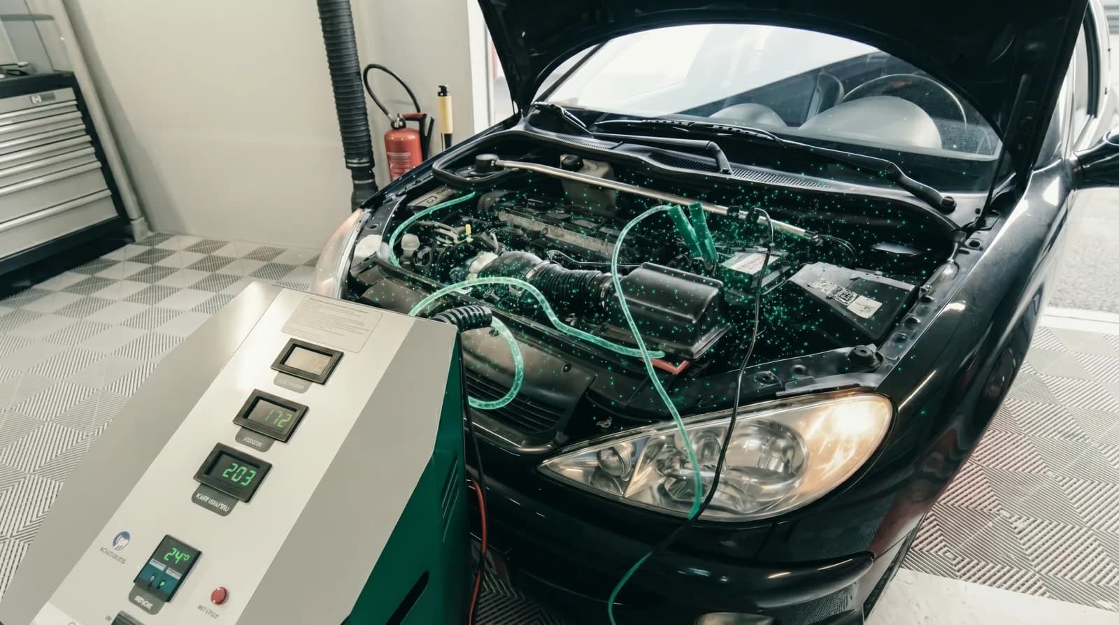 Décalaminage hydrogène — station à hydrogène branchée au moteur d'une voiture capot ouvert dans l'atelier, particules vertes symbolisant le nettoyage de la calamine