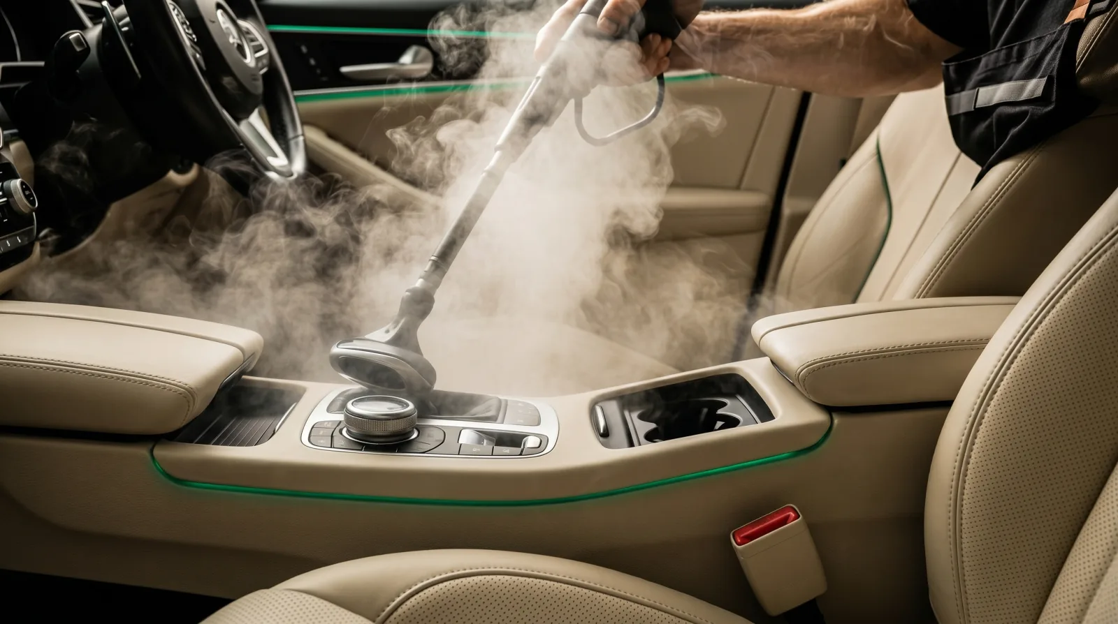 Nettoyage vapeur sèche — buse vapeur sur la console en cuir beige d'un habitacle, vapeur et liseré lumineux vert, sans détergent