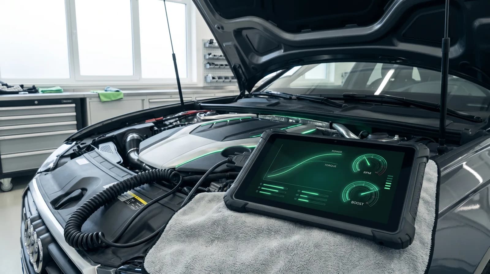 Reprogrammation moteur — tablette de diagnostic affichant une courbe de puissance verte sur un moteur ouvert